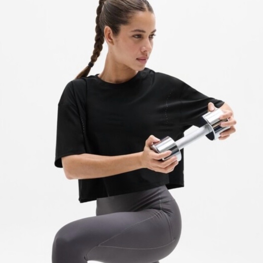Athleta Zephyr Cropped Lightweight Loose Short Sleeve Ribbed Shirt Black Small - Picture 1 of 15